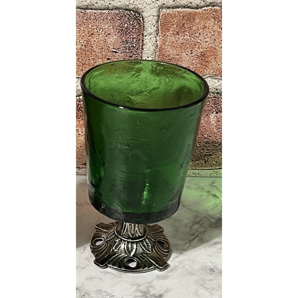Vintage Green Glass Goblet Candle Holder Silver Tone Ornate Footed Textured